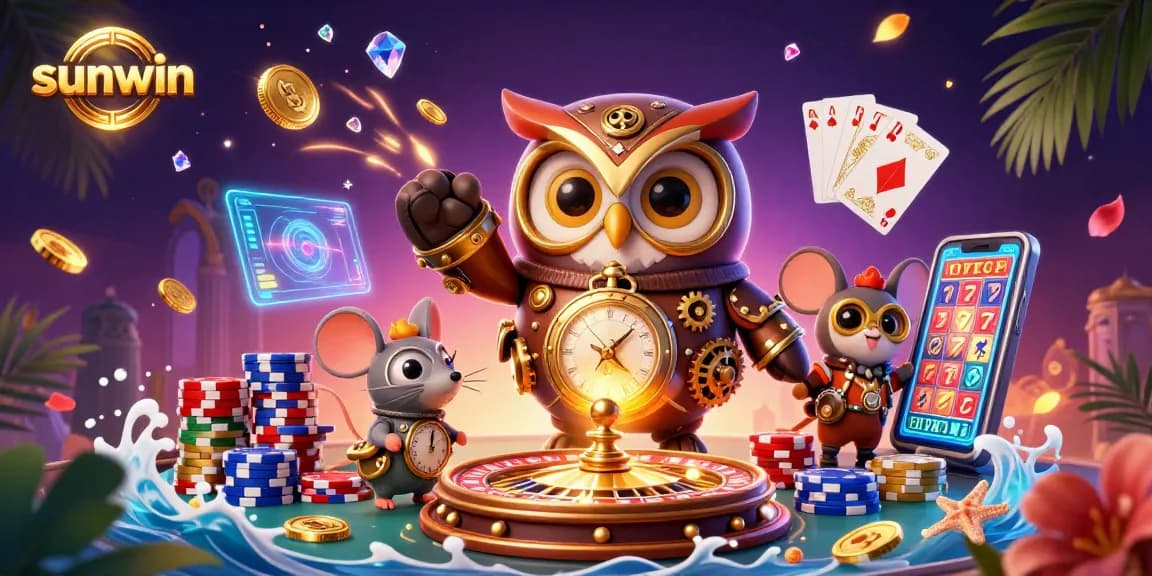 Experience thrilling gameplay at sunwin with a vibrant and dynamic 3D casino illustration showcasing steampunk characters and casino elements.