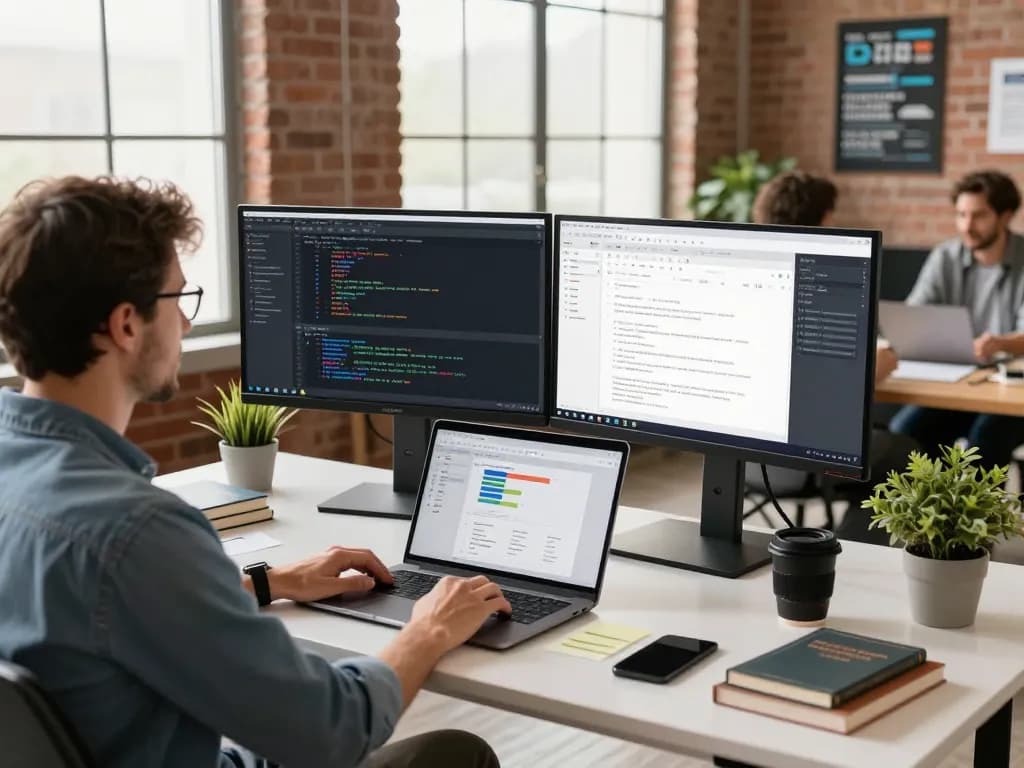 Developer using group buy seo tools in a modern office with dual monitors and collaborative atmosphere.