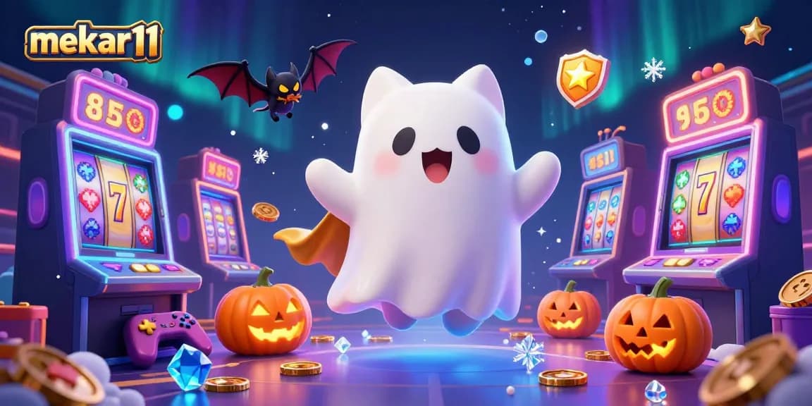 Mekar11 engages players with glowing slot machines and vibrant gaming elements in a haunted casino scene.