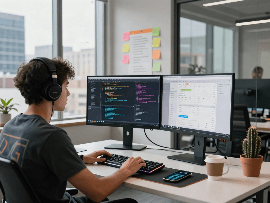 Software developer coding at a tech workspace with bro138 functionality in 2026