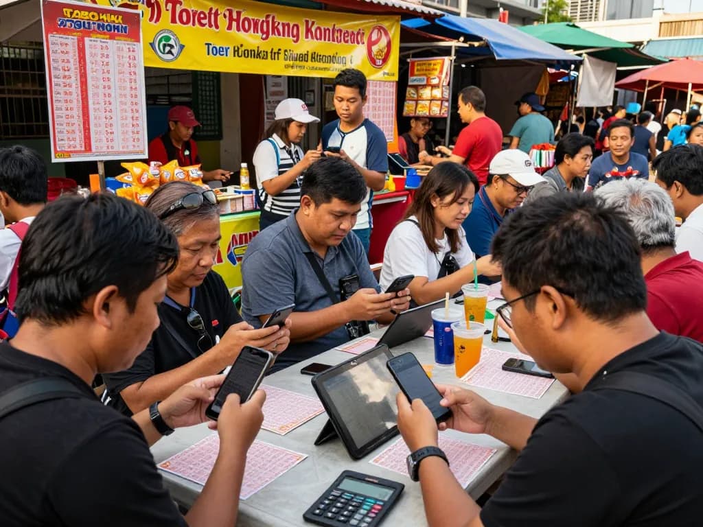 Players analyzing Data HK numbers at a lively Togel Hongkong market.