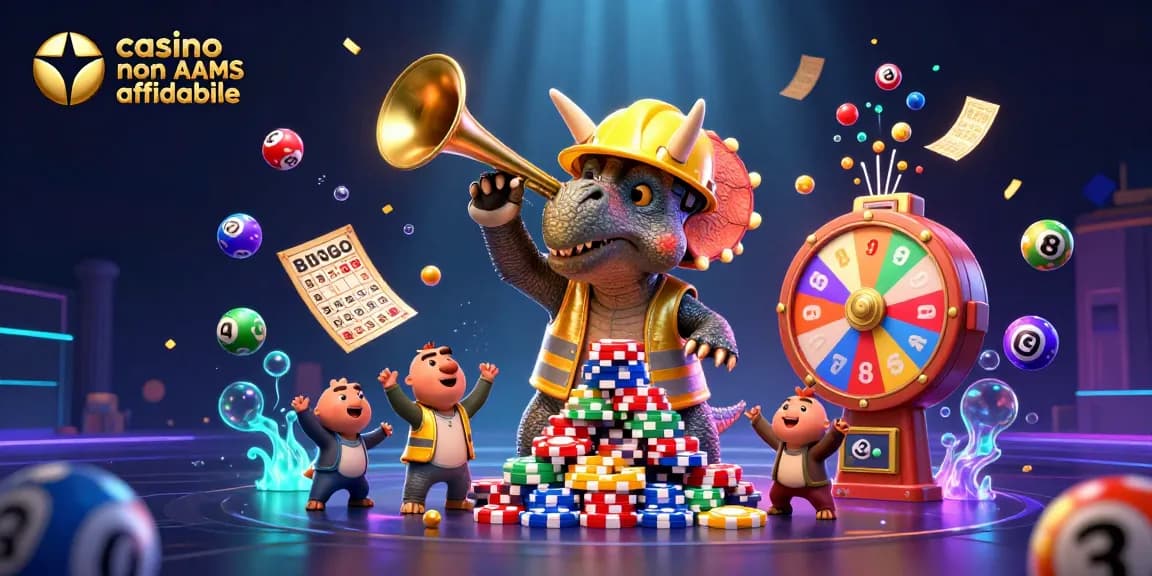 Divertiti con "casino non AAMS affidabile" mentre un triceratopo costruisce una torre di fiches in questa vivace illustrazione