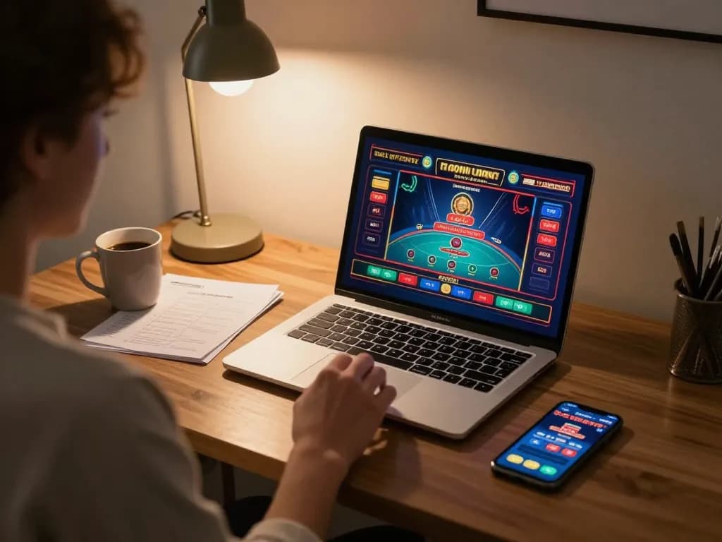 Engaging online gaming experience with pintu888top visible on laptop screen, person strategizing for better odds.