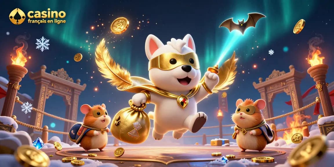 Illustration captivante d'un casino français en ligne avec un chien super-héros et des pièces d'or flottantes