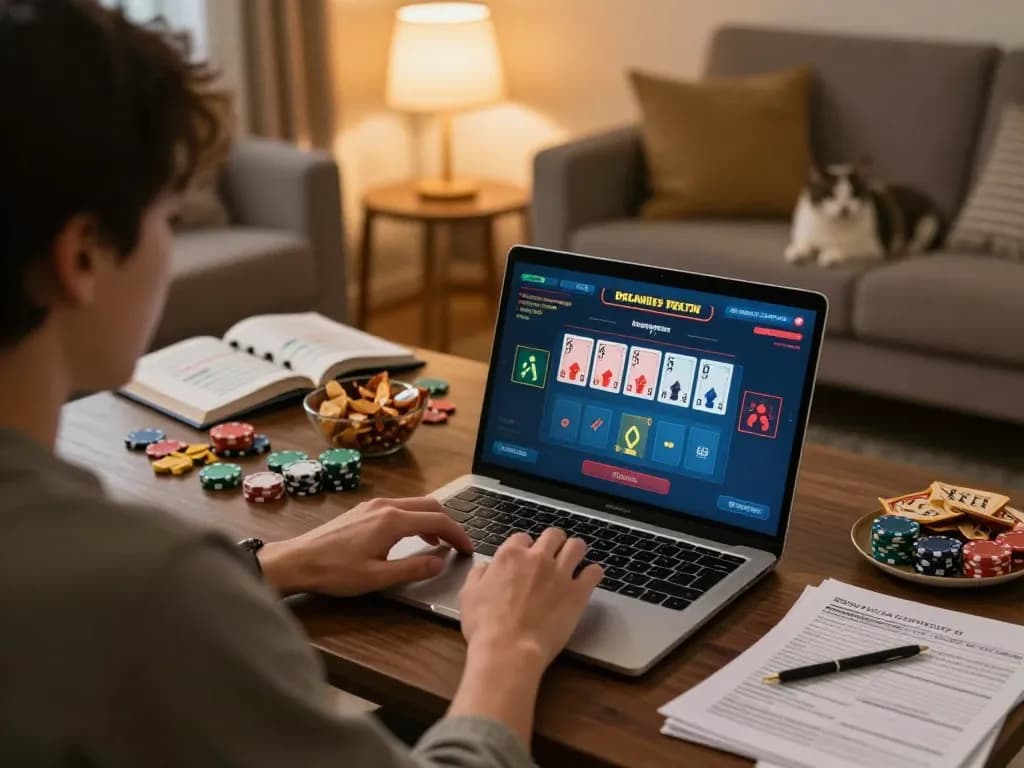 Enjoying poker on UU88 vom at home, showcasing a laptop interface and strategic notes.