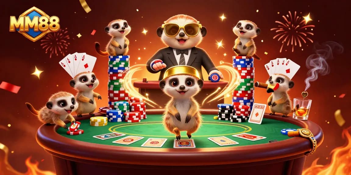 Experience the thrilling MM88 casino scene with meerkats running games and winning at poker.