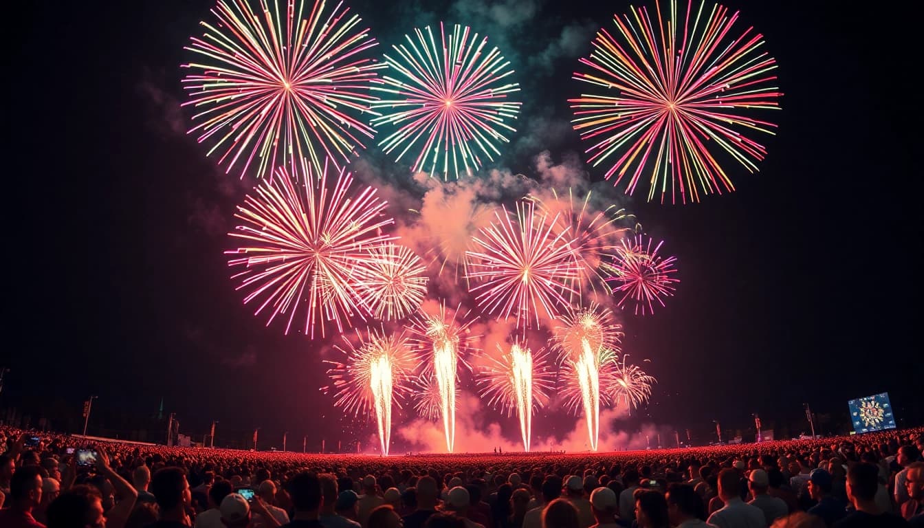 Celebrate with wholesale fireworks in a vibrant display over a cheering crowd.