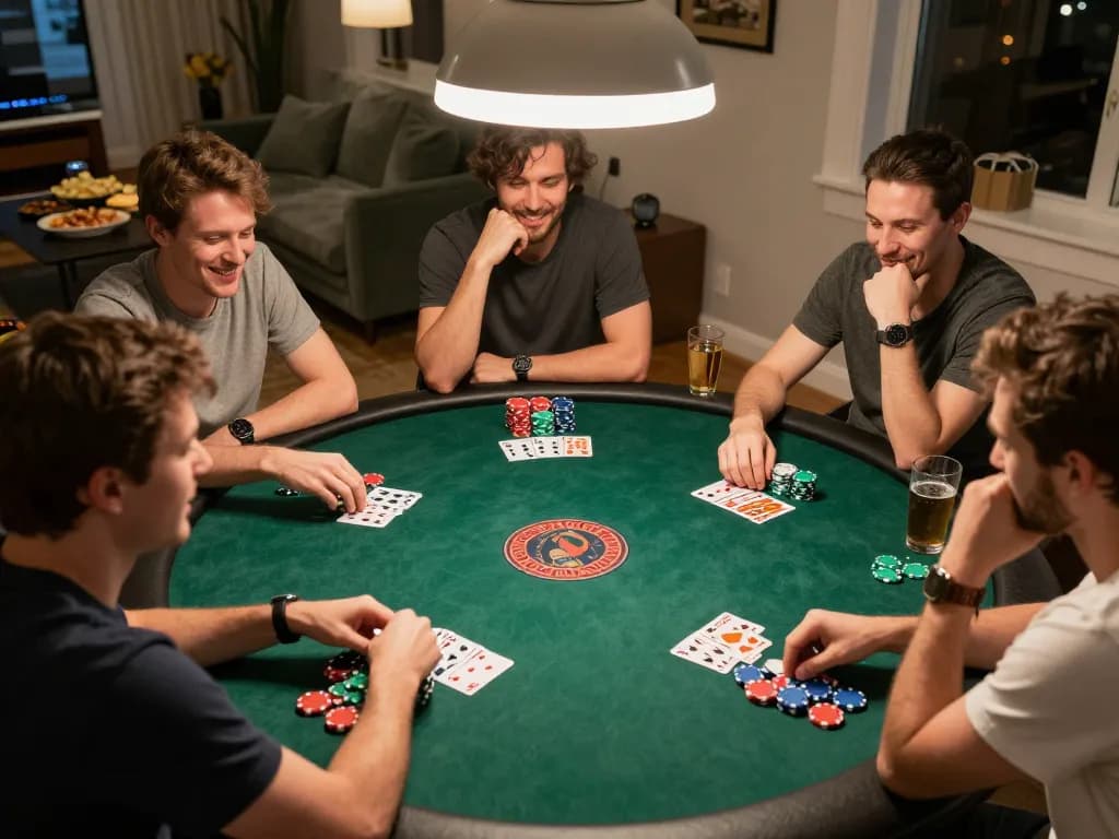 Players enjoying a friendly poker game at home, showcasing an engaging kerajaanslot experience with strategic gameplay.
