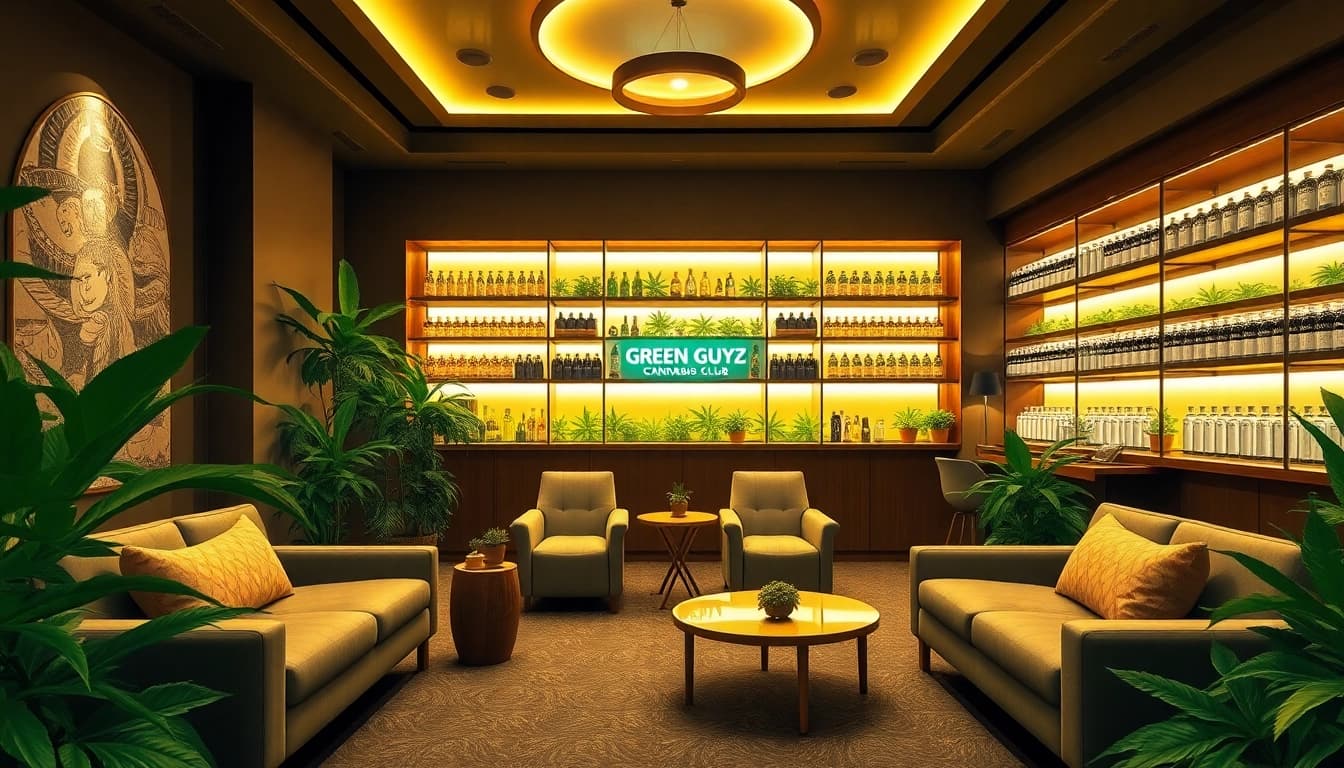 Cannabis lounge at Green Guyz Cannabis Club Madrid featuring stylish decor and a vibrant atmosphere.