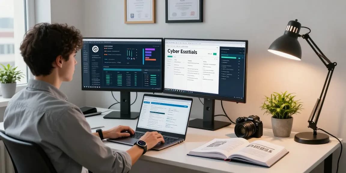 Cyber Essentials vs Cyber Essentials Plus comparison in a modern cybersecurity workspace with monitors displaying compliance data.