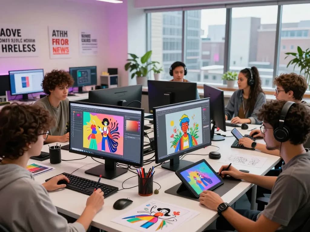 Dynamic NSFW AI art studio scene showcasing diverse artists creating intricate digital artwork.
