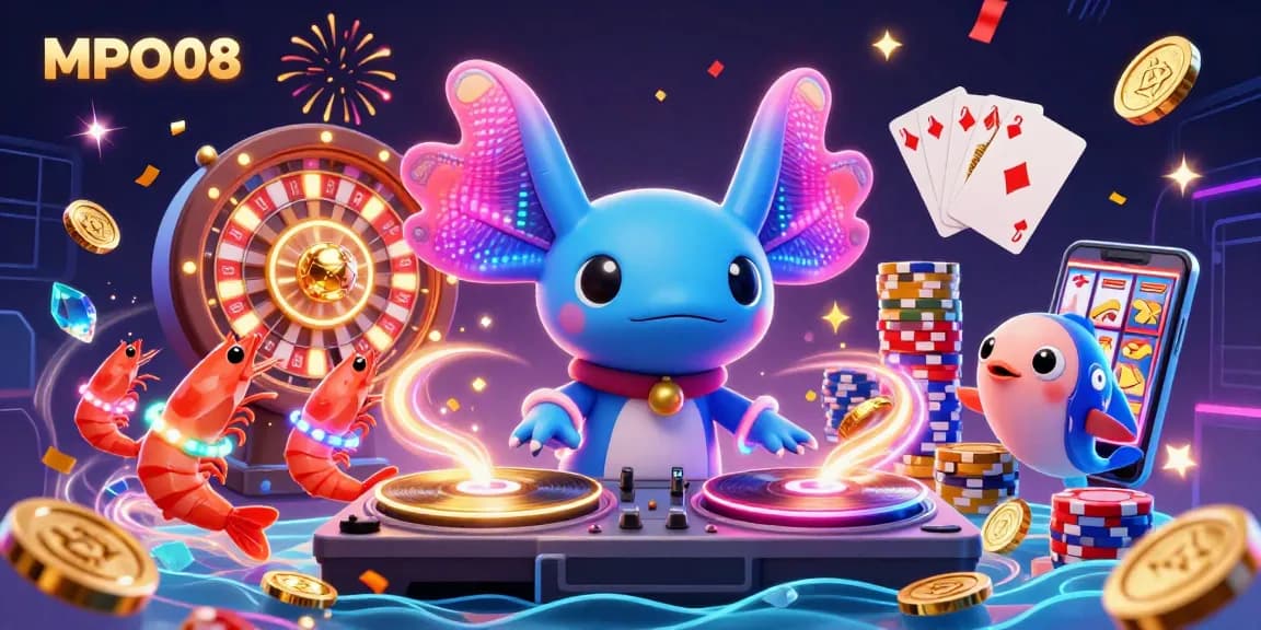 MPO08 showcases a vibrant casino scene with a neon-colored axolotl DJ spinning records amidst flying coins and playing cards.