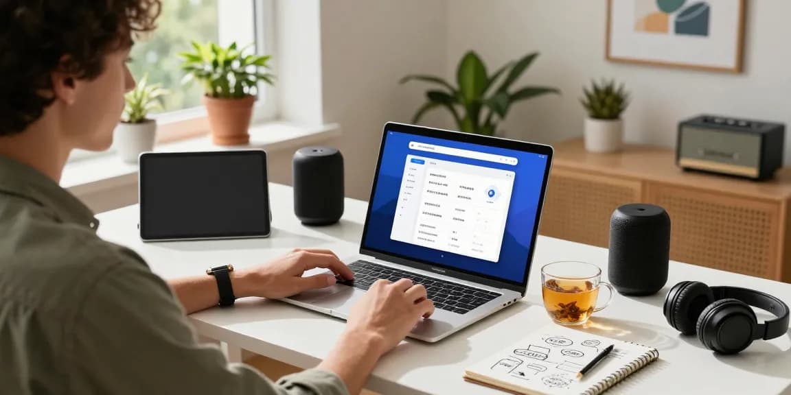 Workspace showcasing 纸飞机中文版 on a laptop, professional in casual attire, modern tech gadgets, and natural light.