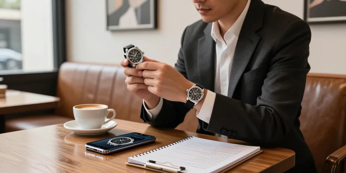 Luxury watch enthusiast examining a detailed replica watch in a chic cafe, showcasing elegance and sophistication.