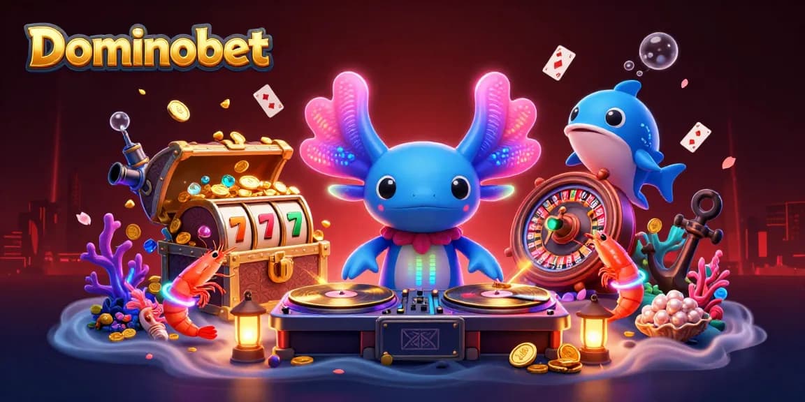 Experience the thrill of Dominobet with a vibrant underwater casino illustration packed with stunning game elements.