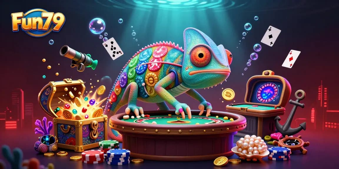 Fun79 offers exciting bingo games, featuring a lively chameleon owner amidst colorful underwater treasures.