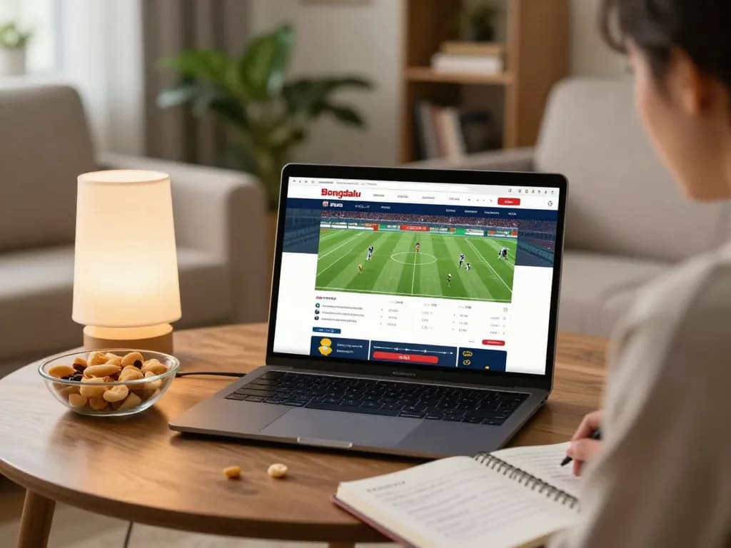 Bongdalu user engaging in online sports betting with laptop showing live scores and statistics.