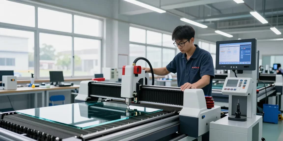 CNC glass cutting machine in action within a modern glass processing workshop, showcasing advanced technology and precision craftsmanship.