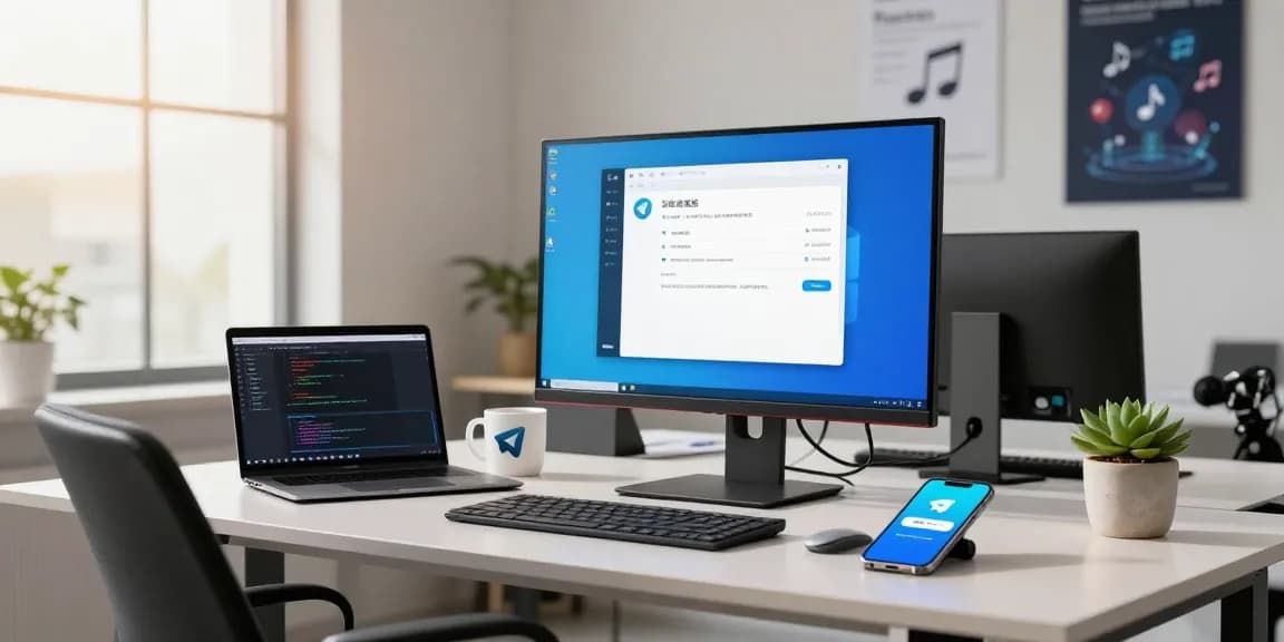 Workspace showing developer using Telegram Chinese help center on computer, modern tech office setting with coding and communication elements.