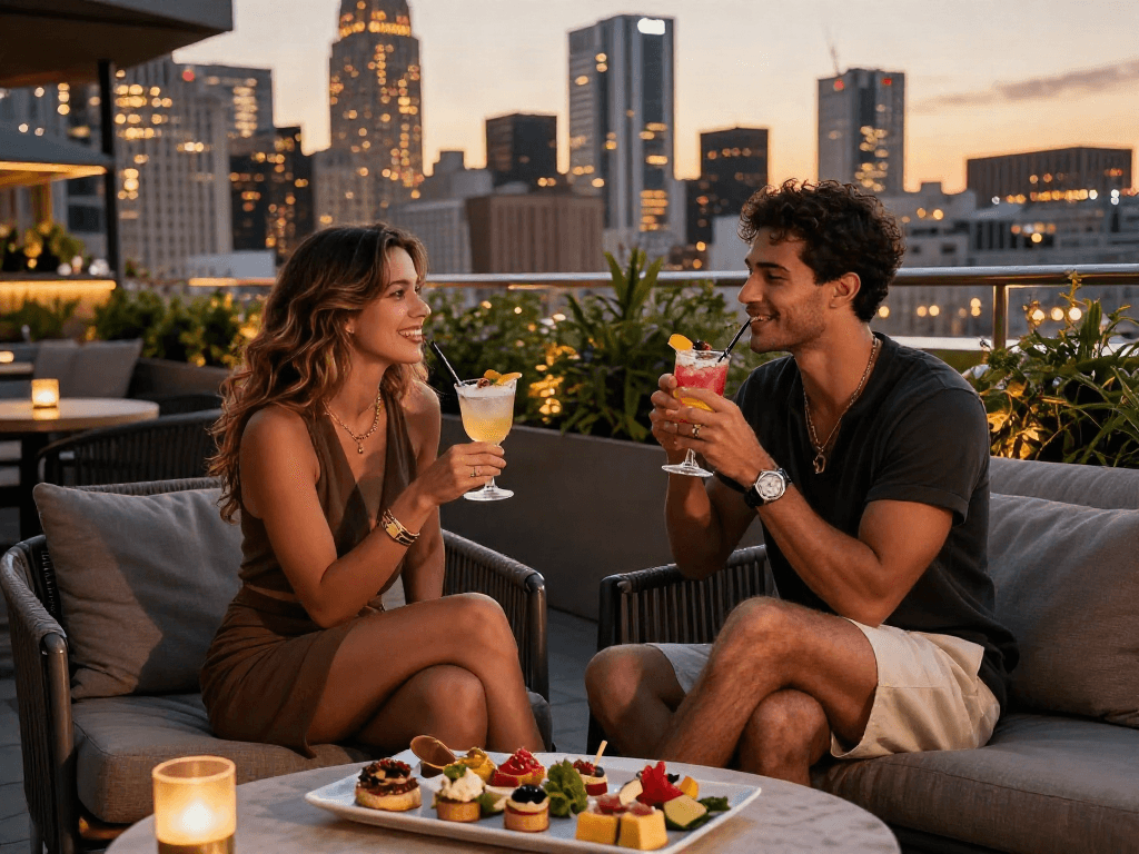 Pasangan menikmati gaya hidup mewah di rooftop bar dengan pemandangan kota, menikmati luxury111 dan tempat duduk yang elegan.
