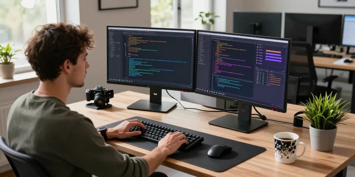 Developer coding on dual monitors in a modern workspace featuring 纸飞机中文版 applications.