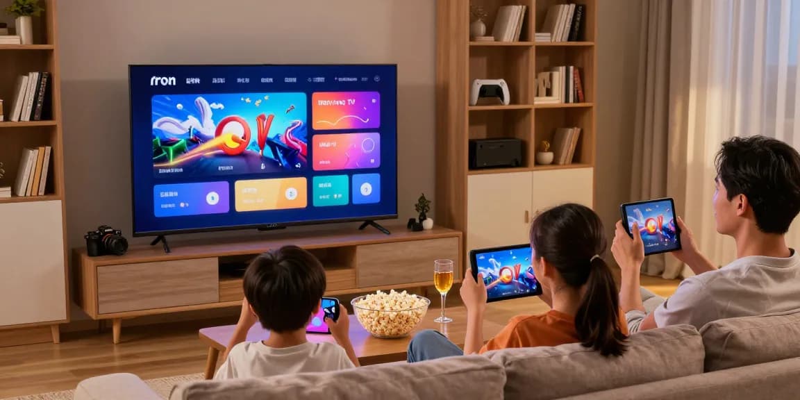 Family enjoying streaming Iron TV on Smart TV with tablets and popcorn.