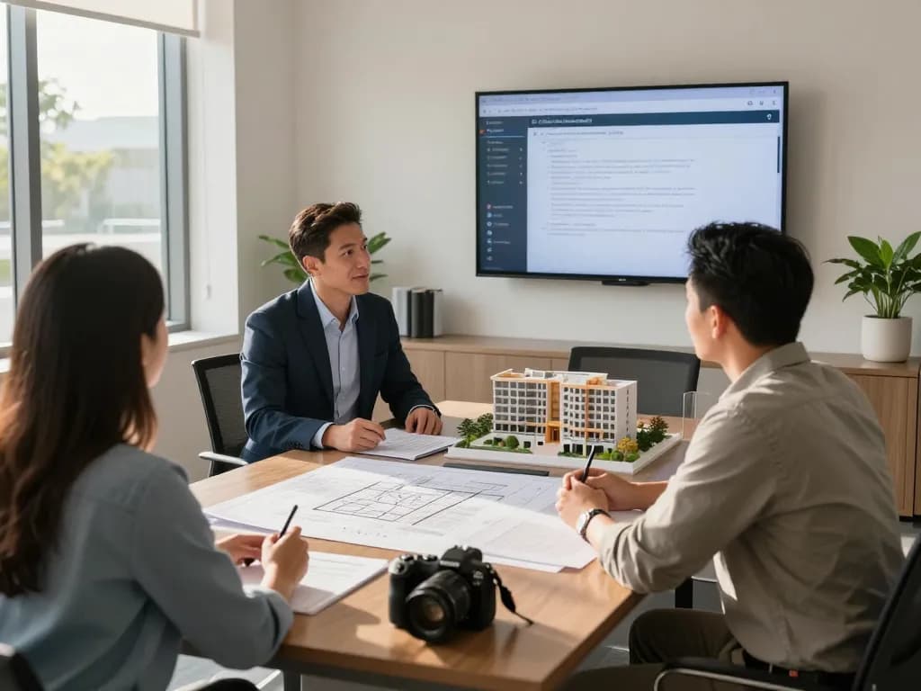 Boca Raton Construction Litigation Lawyer discussing strategy with contractor over project documents and blueprints in modern legal office.