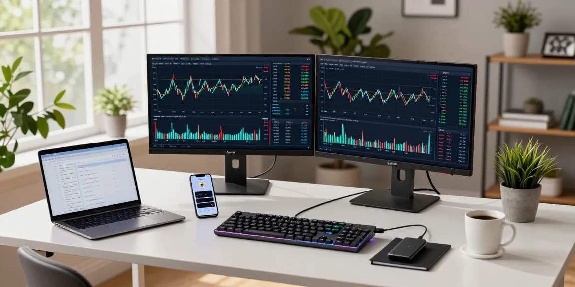 Passive bitcoin mining insights displayed on dual monitors in a modern crypto trading workspace, featuring charts and digital wallets.