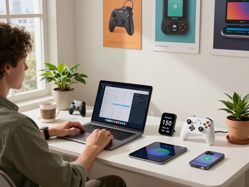 Explore cool tech gadgets under $128 in a modern home office featuring Bluetooth devices like game controllers and smart kitchen tools.