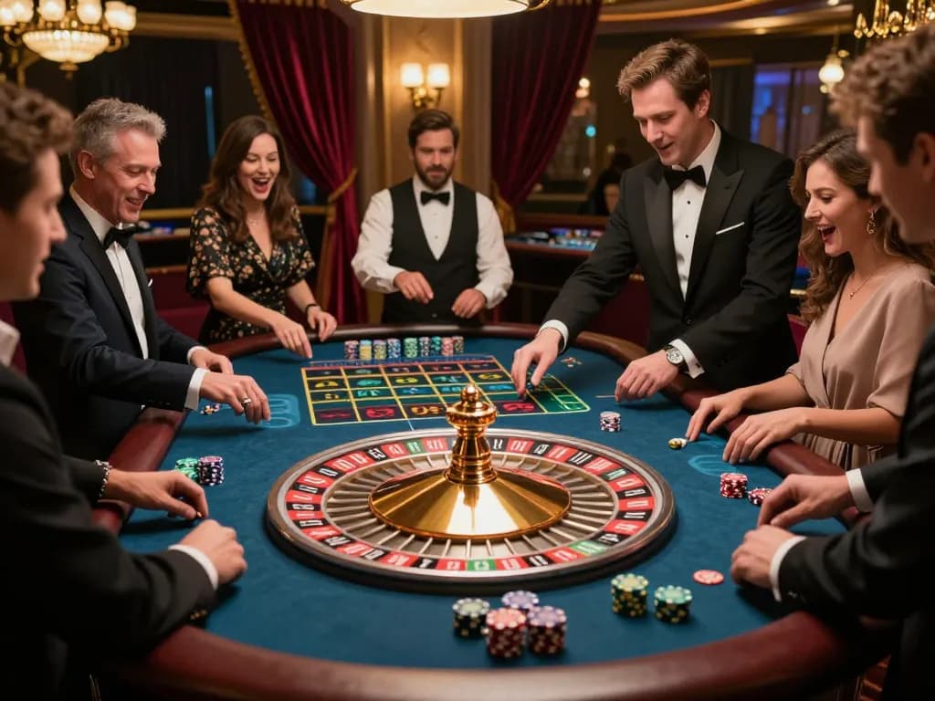 du88 players excitedly placing bets at a roulette table in an upscale casino atmosphere