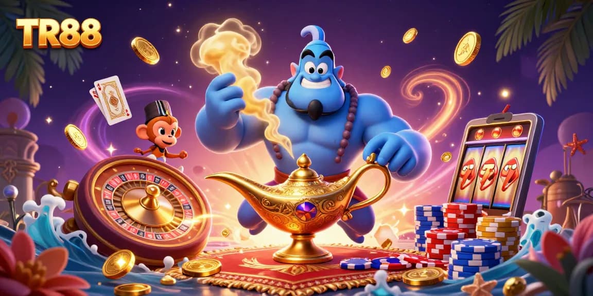 Experience thrilling gaming at TR88 with vibrant casino elements and a lively genie