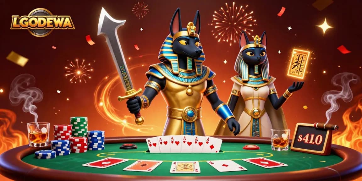 Experience the thrill of LGODEWA poker with Anubis and Bastet surrounded by vibrant gaming elements.