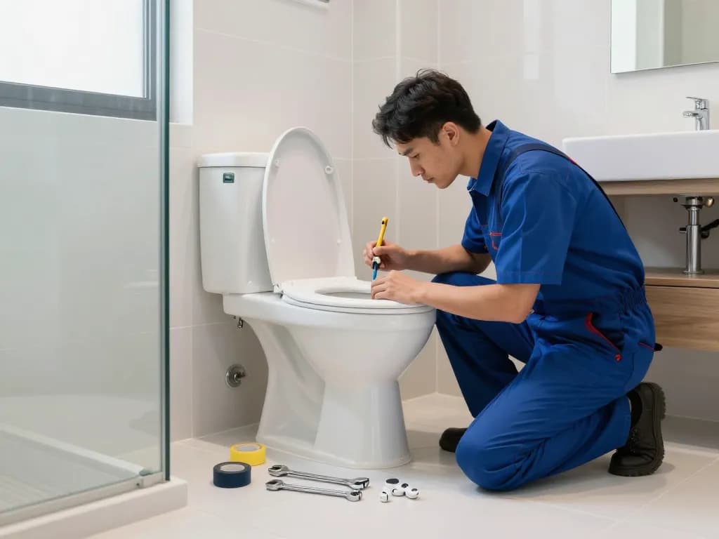 Apex Plumbing Services Parramatta area plumber inspecting a toilet installation in a bright modern bathroom, showcasing professional expertise with tools.