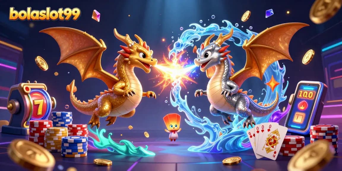 Bolaslot99 features a captivating 3D scene of twin dragons surrounded by slot machine reels and golden coins