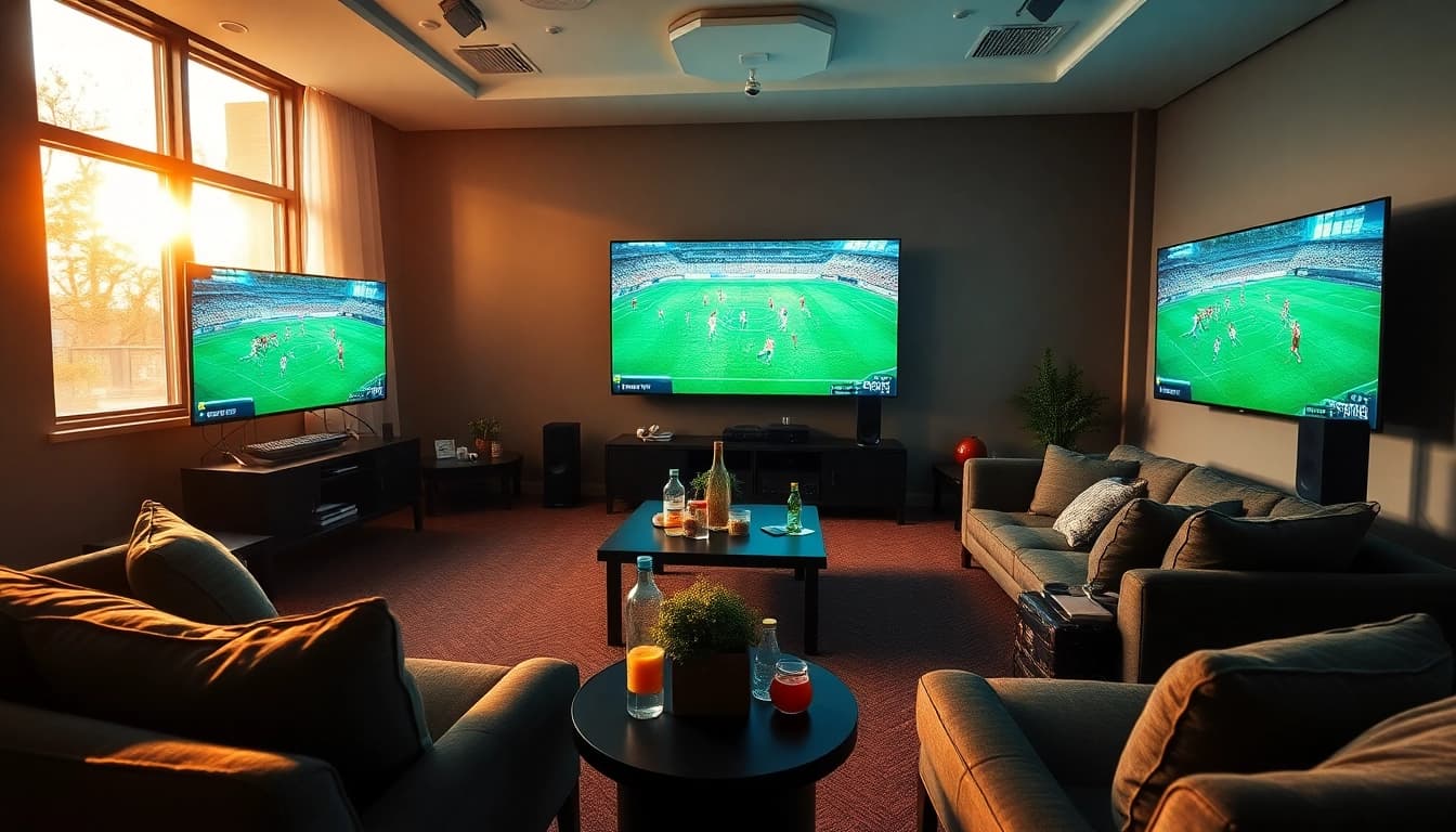 Menampilkan bolakami dengan suasana nyaman di ruang streaming olahraga, penuh dengan kebahagiaan.