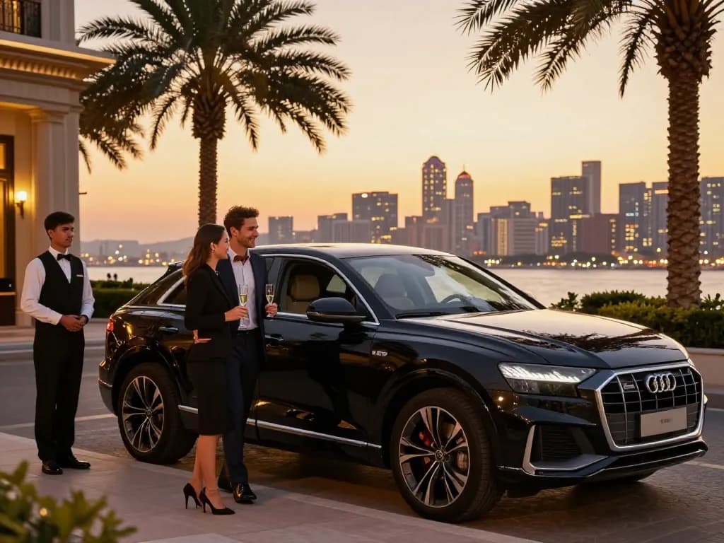 Chiếc Audi Q8 sang trọng trước một khách sạn, thể hiện phong cách cho thuê xe ô tô hạng sang với một cặp đôi đang chuẩn bị cho một sự kiện.