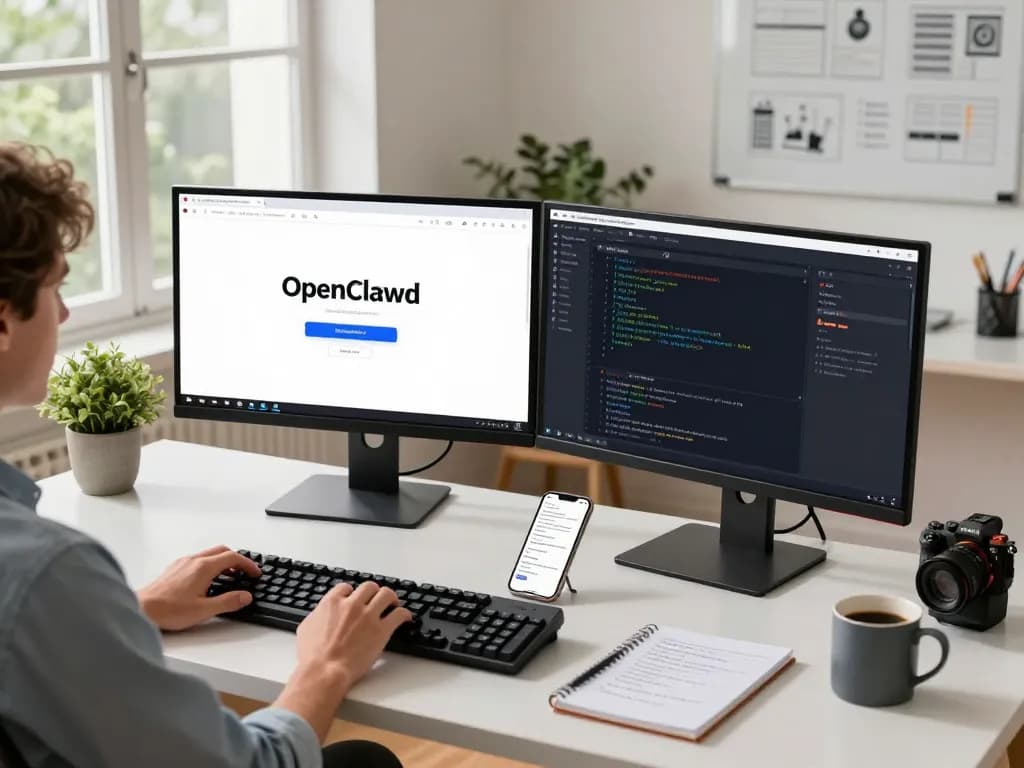 Dynamic home office setup showcasing OpenClawd AI installation process with screens displaying code and interfaces.