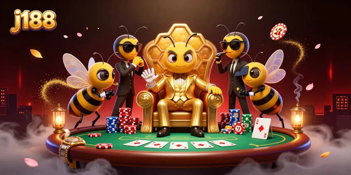 Immerse yourself in j188's vibrant casino scene with the bumblebee mob boss and 3D poker elements.