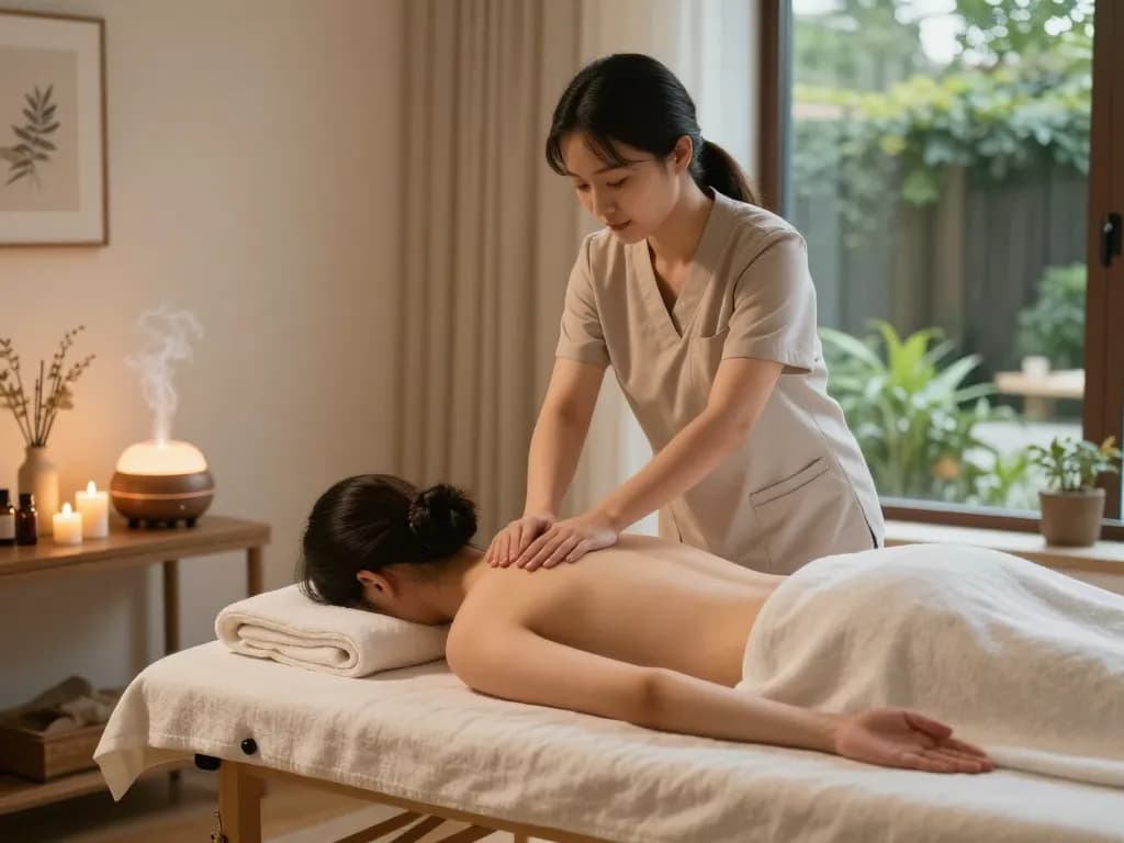 출장 therapy session with a professional therapist providing relaxation in a serene home setting.