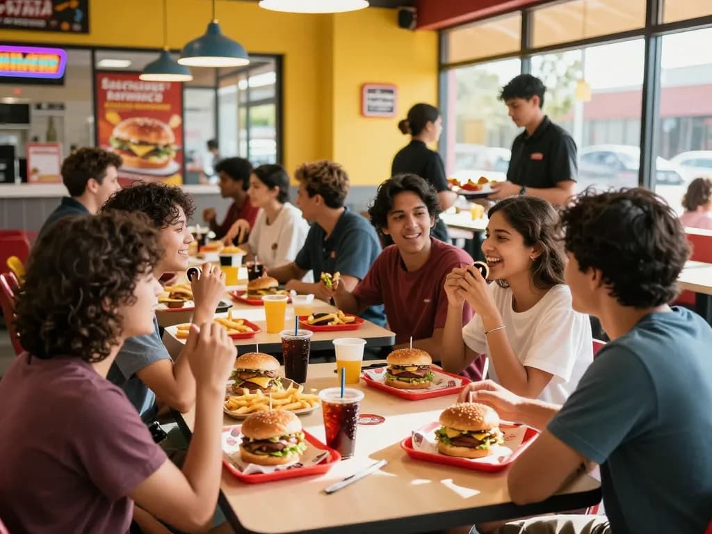 Fast food menu items enjoyed by friends in a lively restaurant setting.
