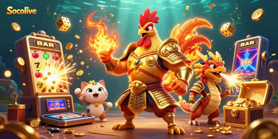 Socolive showcases a rooster warrior and dragon in an exciting gambling scene bursting with coins and game symbols.