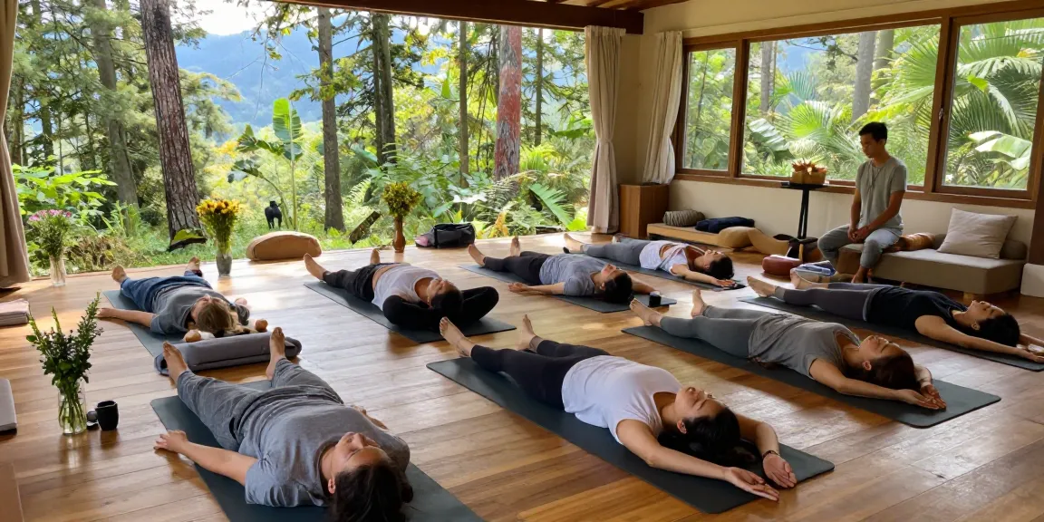 Group practicing pranayama courses outdoors in tranquil yoga shala at Adhiroha Ashram.