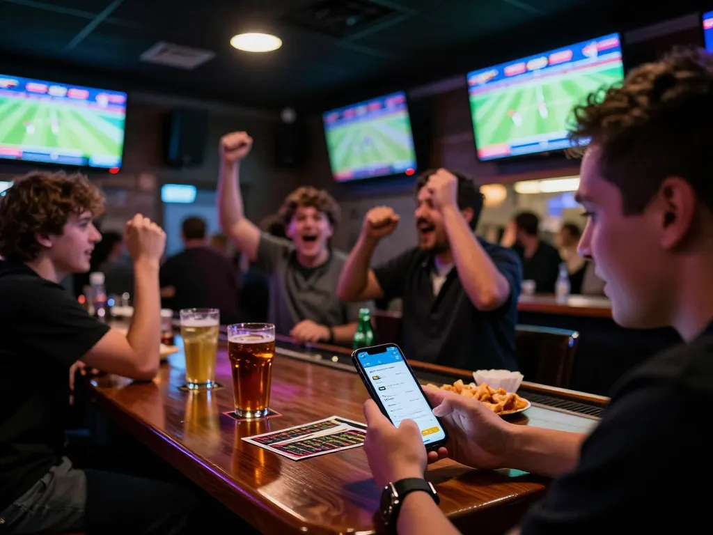 Person placing bets on ALO8 sports betting app at a lively sports bar with screens displaying live events