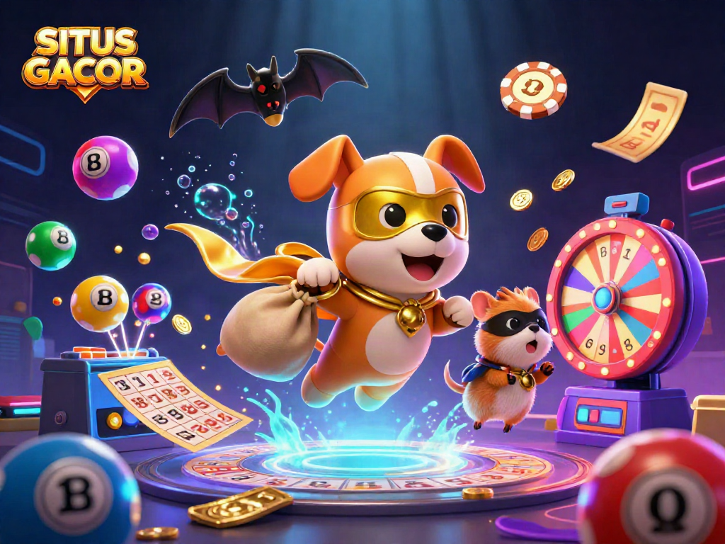 Engage with SITUS GACOR as the superhero dog delivers gold coins amidst colorful game elements.