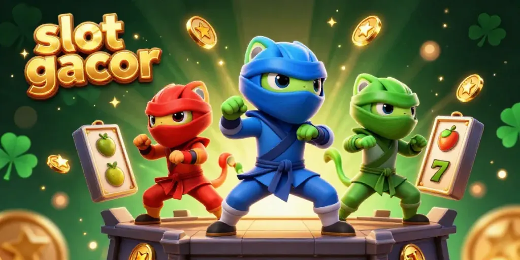 Engage with slot gacor themes through this vibrant illustration of ninja chameleons and dynamic gaming elements.