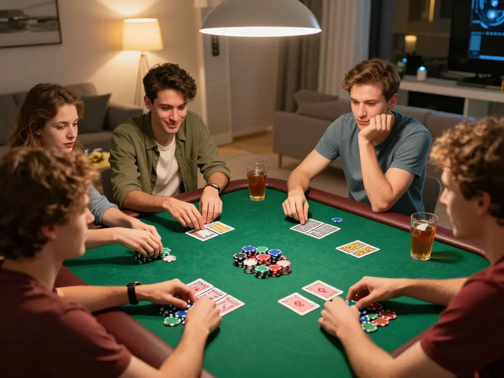 Friends enjoying a lively poker game using rokok 88 themed cards, focusing on strategy and fun.