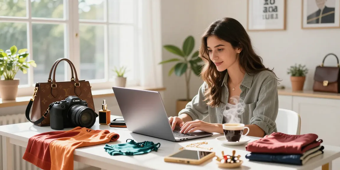 Stylish woman browsing luxury 레플리카 products online in a bright setting.