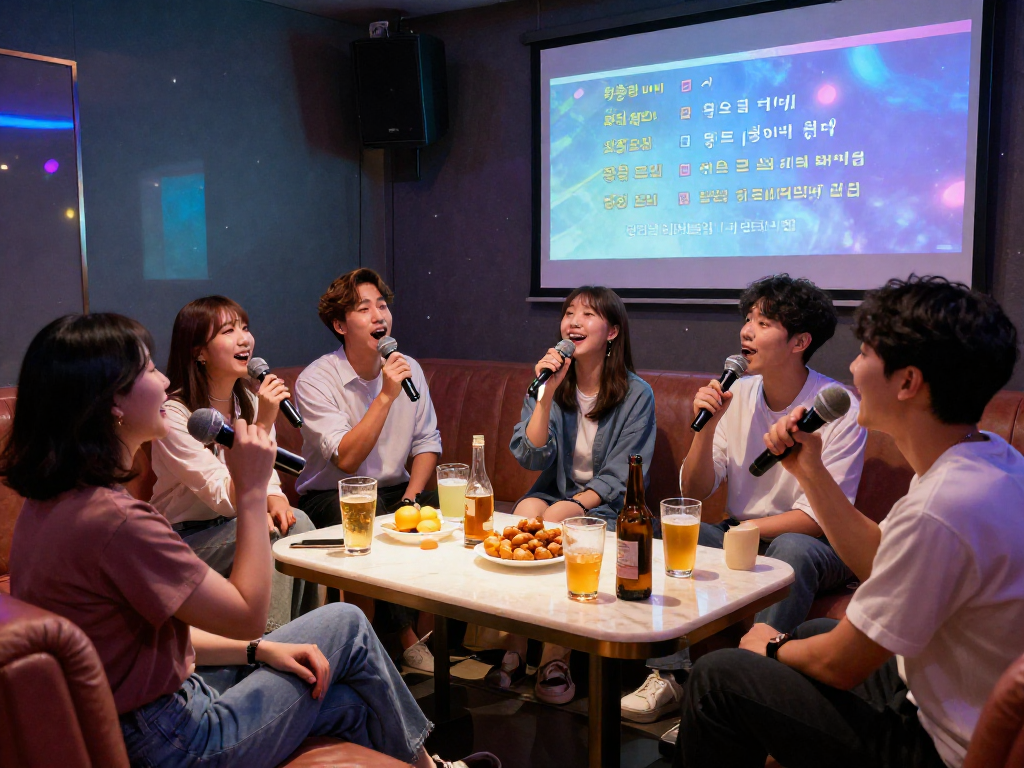 엘리트 가라오케에서 친구들과 즐거운 사교 시간을 보내는 프라이빗 룸의 모습