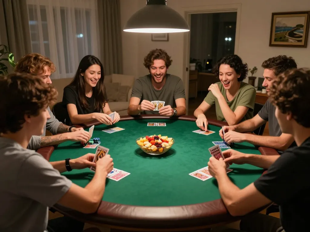 Sunwin poker players strategizing their next move at a cozy home game night