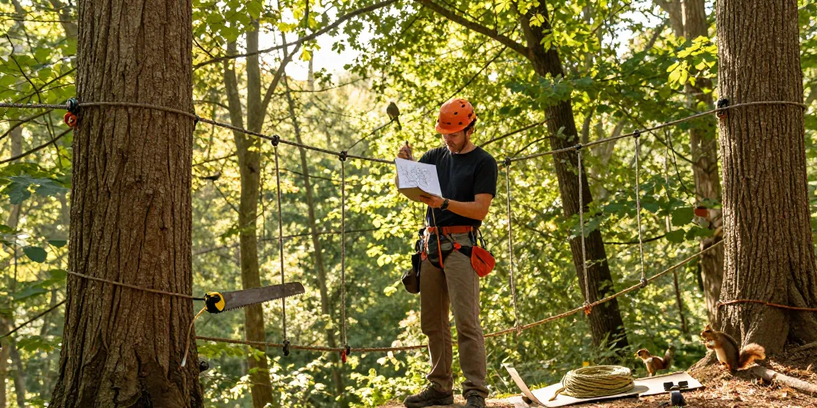 Rope Bridge design process by a craftsman in a forest setting with tools and sketches